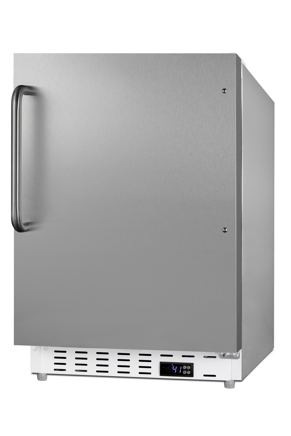 Built-in undercounter ADA compliant residential all-refrigerator with SS cabinet and door and towel bar handle with door storage and automatic defrost operation
